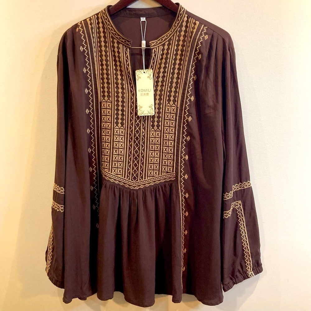 KOMILI SZ 2XL Embroidered 100% Rayon Blouse Tunic Top